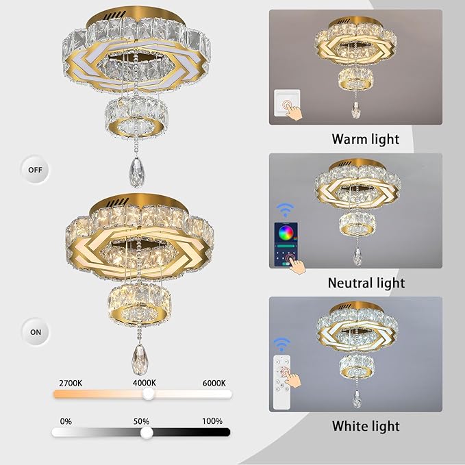 Flashing God Small Crystal Chandeliers Dia 12" Gold Chandelier Flush Mount Ceiling Light for Bedroom Living Room Dining Room Hallway Dimmable 3 Rings LED Celing Lighting Fixtures