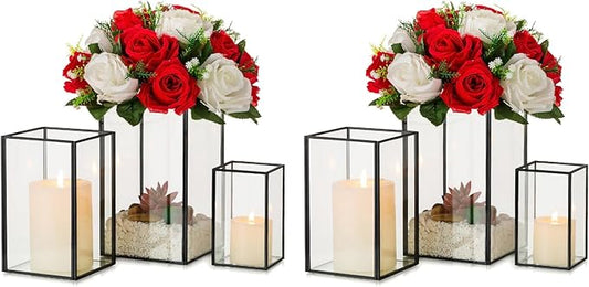 Glass Hurricane Candle Holder Large - Hewory 6pcs Black Rectangle Flower Holders Centerpiece for Table, Tall Floor Square Pillar Candle Lantern for Wedding, Anniversary, Party, Fireplace, Dining Room