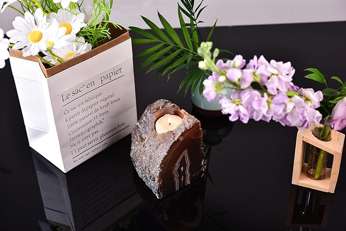AMOYSTONE Earth Tone Agate Candle Stand 1.5-2lb Spa & Yoga Studio Essential | Natural Brazilian Stone | Meditation Sanctuary Decor | Eco-Friendly Spiritual Gift