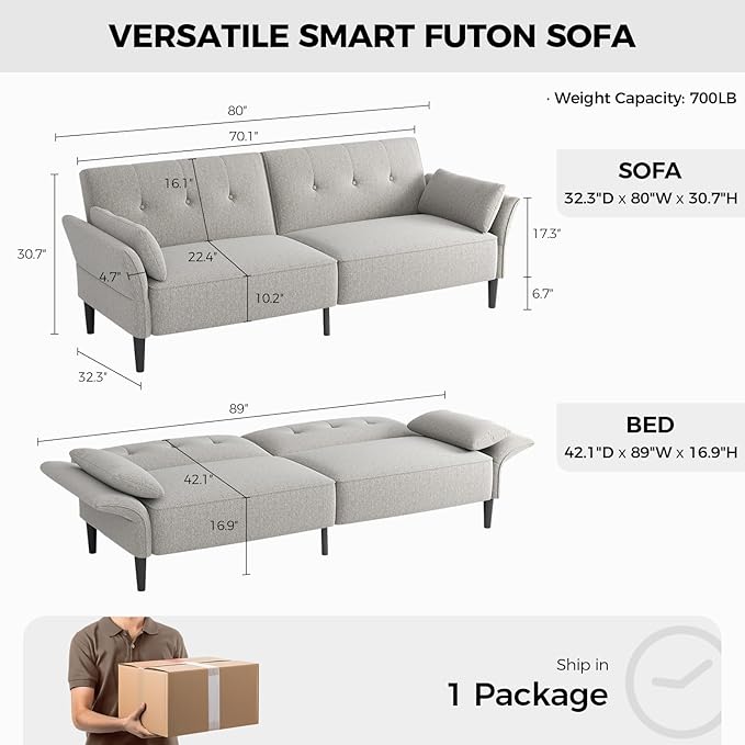 89” Futon Sofa Bed, Linen Comfy Futon Couch Bed with 2 Square Pillows, Convertible Sleeper Sofa with Adjustable Backrest& Armrests, Modern Loveseat Sleeper for Living Room, Bedroom, Light Gray