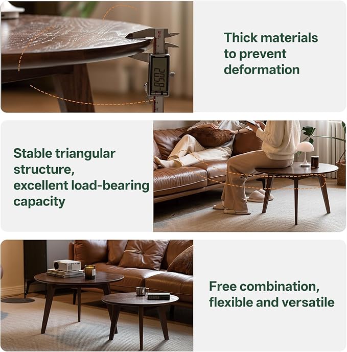 100% Solid Oak Wood Mini Coffee Table, Round Living Room Table Side Table w/Solid Wood Legs, Walnut Mid Century Sturdy Tables for Bedroom Balcony Living Room (23.62" D x 13.78" H)