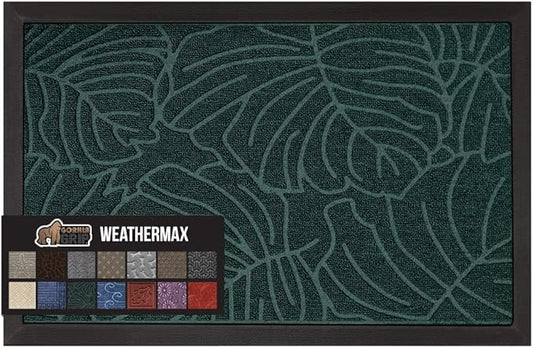 GORILLA GRIP 100% Waterproof All-Season WeatherMax Doormat, 60x24, US Designed Natural Rubber, Stain and Fade Resistant, Low Profile Indoor Outdoor Door Mats, Easy Clean Patio Mat, Green Palm
