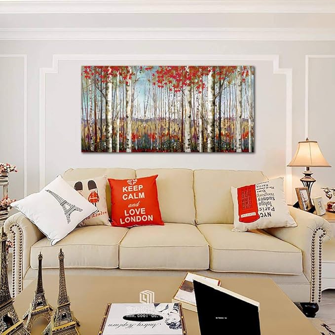Canvas Wall Art for Living Room Bedroom Modern Wall Decor of Red Leaves White Birch Tree Forest Giclee Print Painting Artwork Wall Decoration 24x48 Large Size with Wood Framed Easy to Hang for Home