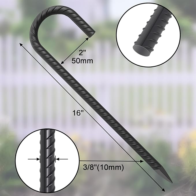 16 Inch Rebar Ground Stakes 24 Pack Heavy Duty J Hook Ground Anchors 3/8 Inch Diameter Steel Rebar Tent Stakes with Chisel Point End for Chain Link Fence, Canopy and Trampoline, Black