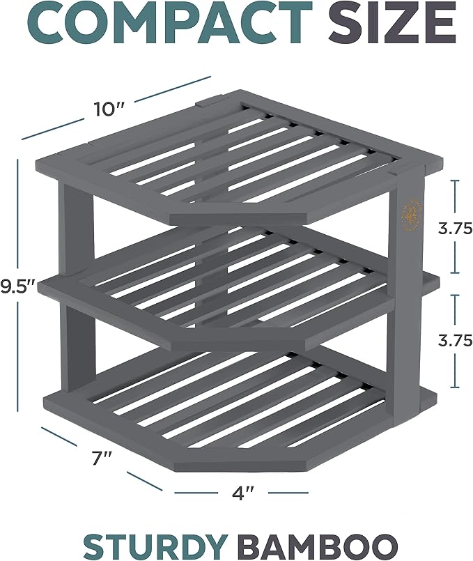 Cabinet Organizer Shelf - Bamboo Corner Rack for Kitchen Counter, Cabinet Space Saver for Plates, Dishes, Bowls, Bread Pantry, Bathroom Storage or Countertop Stand, Grey