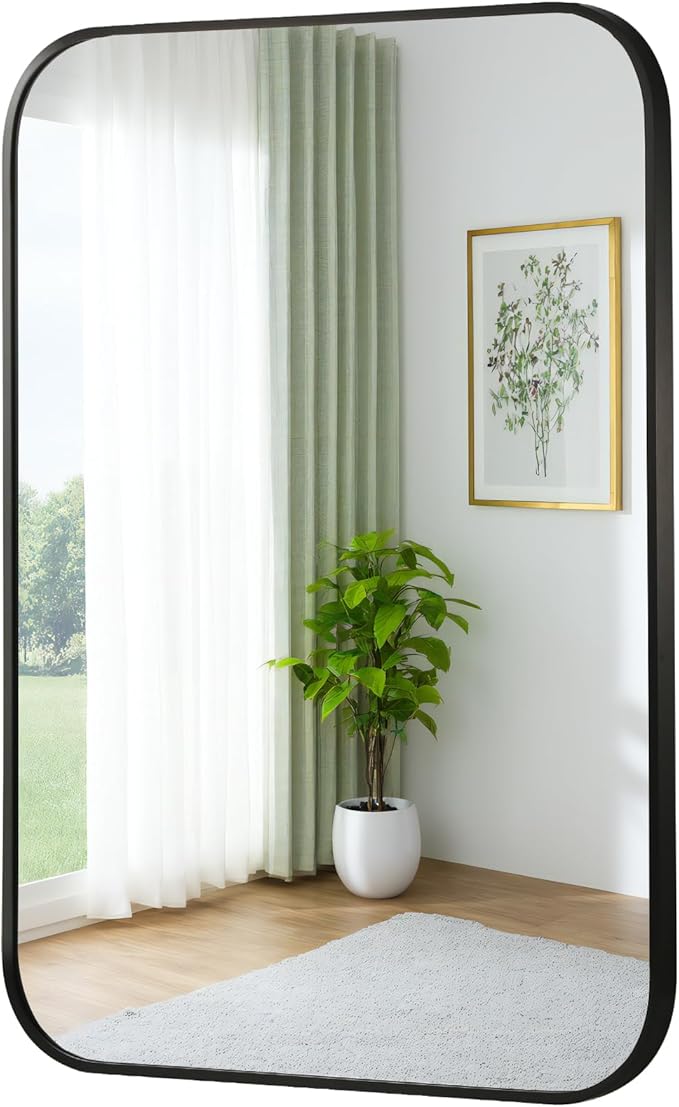 FARMER 24x36 Inch Black Bathroom Mirror, Rectangle Vanity Mirror, Brushed Mirrors for Wall, Metal Frame Hanging Mirror with Round Corner for Bedrooms, Entryways, Living Rooms, Horizontal/Vertical