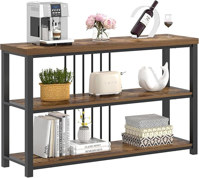 FOLUBAN Industrial Console Table, 3 Tier Entryway Table, Sofa Foyer Table for Living Room Hallway Behind Couch, Rustic Brown