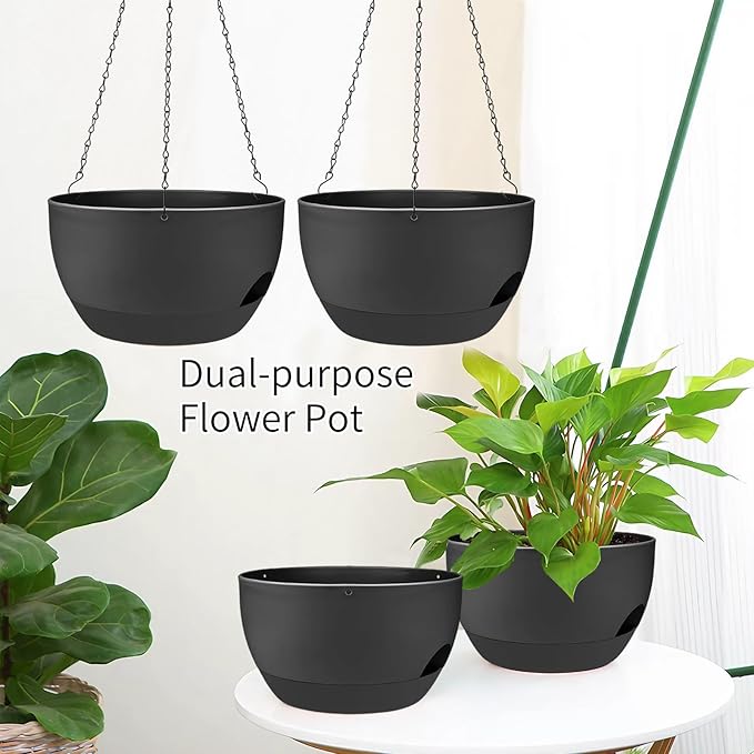 2 Pack Hanging Planters for Indoor Outdoor Plants, 12 Inch Self Watering Hanging Pot with Drainage Holes and Saucer, Plastic Plant Pots, Black Flower Pots for Kitchen, Balcony, Garden