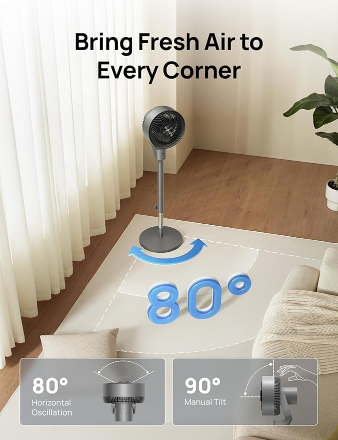 Dreo Fan for Bedroom, 80° Oscillating Standing Fan, 25dB Quiet, 80ft Pedestal Fans for Home Office, 90° Manual Vertical, 3 Speeds, Remote, 34-41" Adjustable Height, Air Circulator