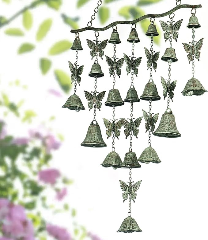 Butterfly Wind Chimes for Outside, Large Strung Verdigris Windchimes with Wrought Iron Bell for Garden, Patio, Porch Outdoor Decor, Memorial Sympathy