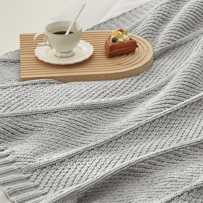 Amélie Home Chenille Knit Throw Blanket for Couch, Chevron Texture Decorative Soft Blanket for Sofa, Bed & Chair, 50"x60", Light Grey