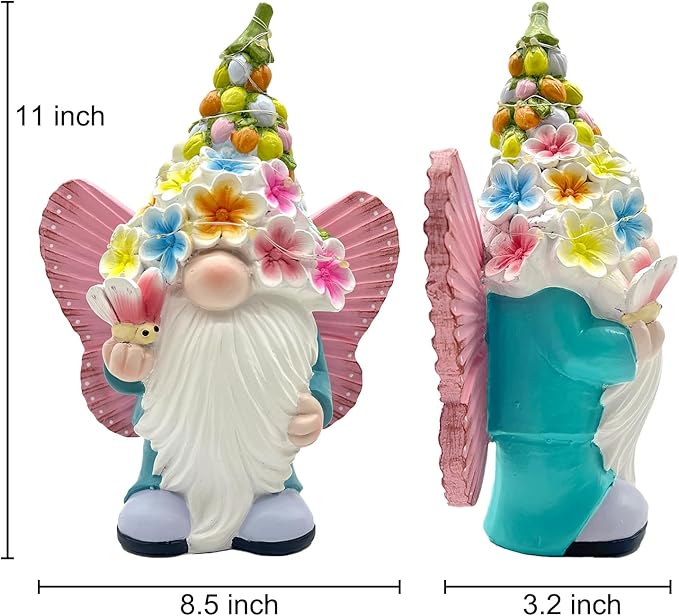 BAYN Garden Gnome Statues Outdoor Decor, Solar Powered Outdoor Gnome with Butterfly Wing Decorative Yard Garden Lights Art Gifts with 11 Warm White LEDs