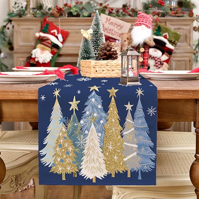 GEEORY Christmas Table Runner 13x120 Inch, Xmas Trees Snowflakes Holiday Decorative Farmhouse Table Decoration for Kitchen Dinning, Indoor Outdoor Dinner Party Decor (Blue) GT151-120N