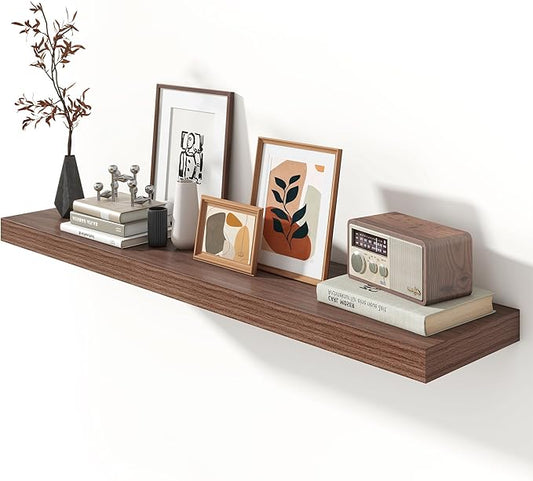 Deep Floating Shelves for Wall - 55 Inch Wide x 12 Inch Deep Wall Shelves Set of 1 - Rustic Walnut Color Wood Shelves for Living Room, Bathroom, Laundry Room, Bedroom, Kitchen, Home Office