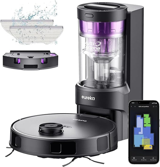 Eureka Robot Vacuum with Bagless Self Emptying Station, 2 in 1 Robotic Vacuum and Mop Combo, 60-Day Capacity, 4000Pa Suction, Auto Lifting Mop, LiDAR Navigation,NER E10s