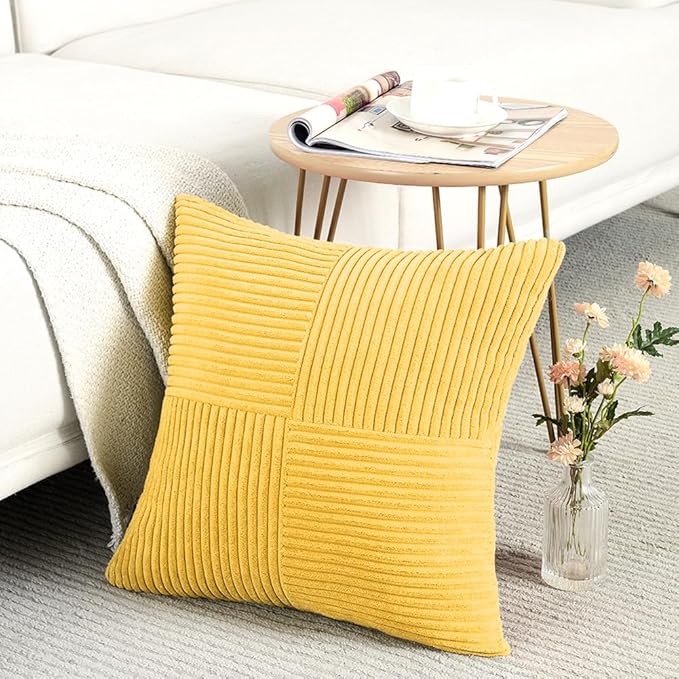 Fancy Homi 2 Packs Yellow Decorative Throw Pillow Covers 16x16 Inch for Living Room Couch Bed, Rustic Farmhouse Boho Home Decor, Soft Corss Patchwork Corduroy Textured Square Cushion Case 40x40 cm