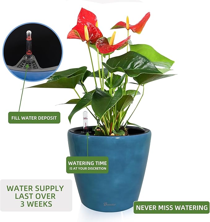 Dexceder 9x8 Inches Self Watering Planter Indoor Outdoor, Inner Pot Design, Thickened Table Flower Plant Pot with Water Level Indicator (Peacock Blue Gradient)