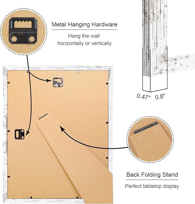 11x14 Picture Frame Set of 4, 11 x 14 Wood Photo Frames with Mat for 8x10, Rustic Natural Wooden Frame with Real Glass Cover for Wall and Tabletop Display,Distressed White