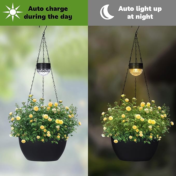 2 Packs Solar Hanging Basket Planters for Plants Outdoor, Self Watering Black Flower Plants Pots with Solar Light Drainer for Balcony Patio Garden Outdoor Decoration