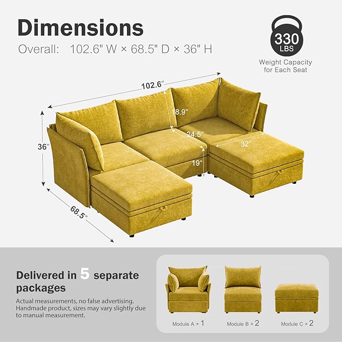 102.6" U Shaped Modular Sectional Sofa, 5 Seater Couch with Storage Ottoman Deep Seat and High Backrest with Removable Cover for Living Room, Apartment - Chenille Yellow