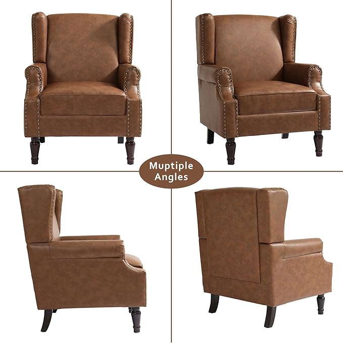 Accent Chairs, Faux Leather High Back Armchair setof 2 or Living Room, Comfy Upholstered Single Sofa Reading Chairs with Solid Wood Legs for Office, Bedroom, Waiting Room-Leather Brown