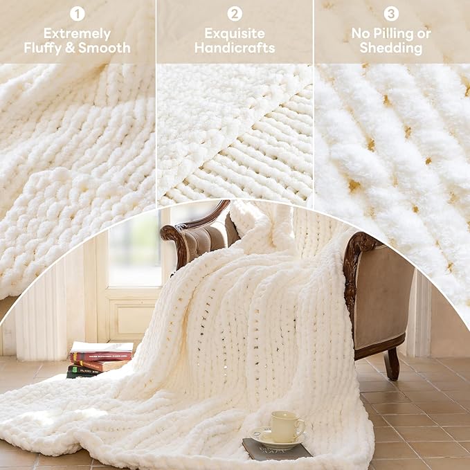 Chunky Knit Blanket - Luxury Soft Cozy Extra Large Size (80 * 90) Throw Blanket,100% Woven Blanket Rope Knot Throw Blanket for Couch, Sofa, Home Decor, Gift - Machine Washable（Milk White ）