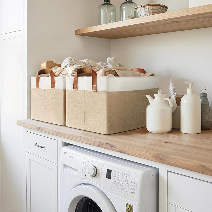 GRANNY SAYS Storage Baskets for Shelves, Closet Organizer Bins, Clothes Storage Bins with Metal Frame, Large Baskets for Organizing and Storage, Collapsible, Khaki, 2-Pack