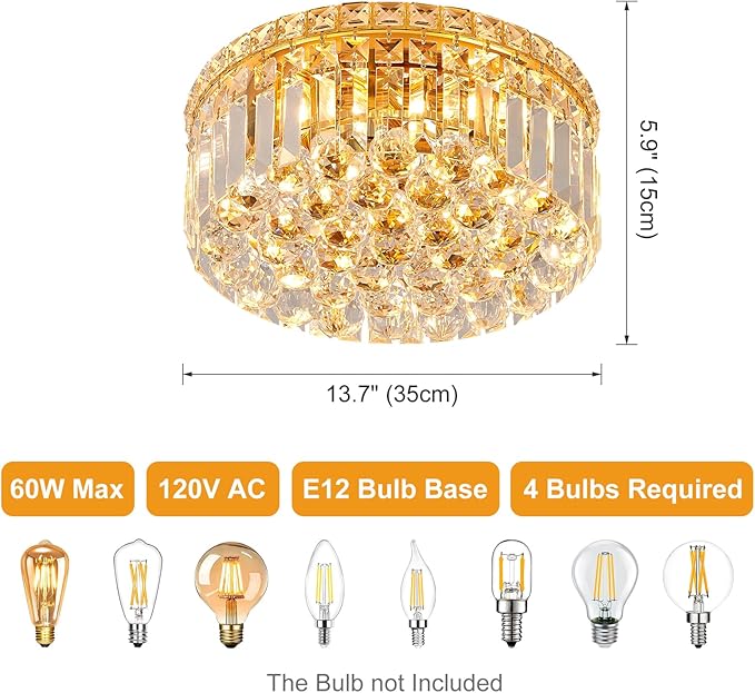4-Light Gold Crystal Chandeliers Flush Mount Chandelier Light Fixture with K9 Crystals Modern Ceiling Lights Elegant Round Lamp for Bedroom,Hallway,Bar,Living Room,Dining Room,H5.9 xW13.7