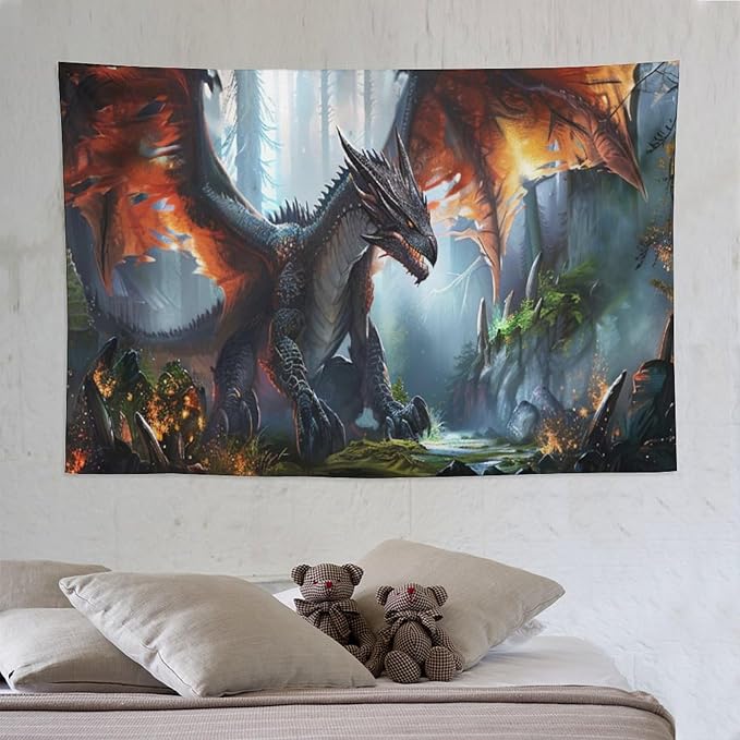 Dinosaur Tapestry Dragon Tapestries Fabric Wall Hanging Aesthetic Space Indoor Outdoor Wall Art Tablecloth Bedspread Decoration for Boy’s Bedroom Dormitory Living Room Home Decor 60"x90"