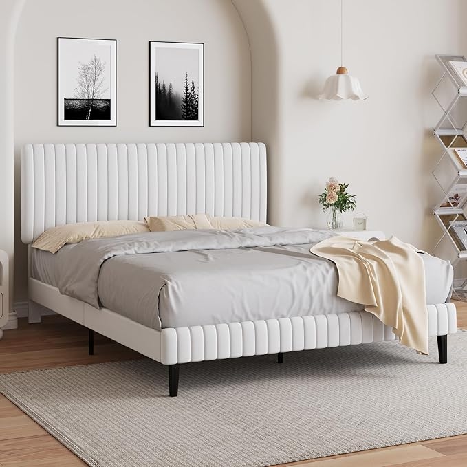 Full Size Bed Frame with Headboard, Velvet Upholstered Platform Bed with Vertical Channel Tufted Design, No Box Spring Required, Easy Assembly, White