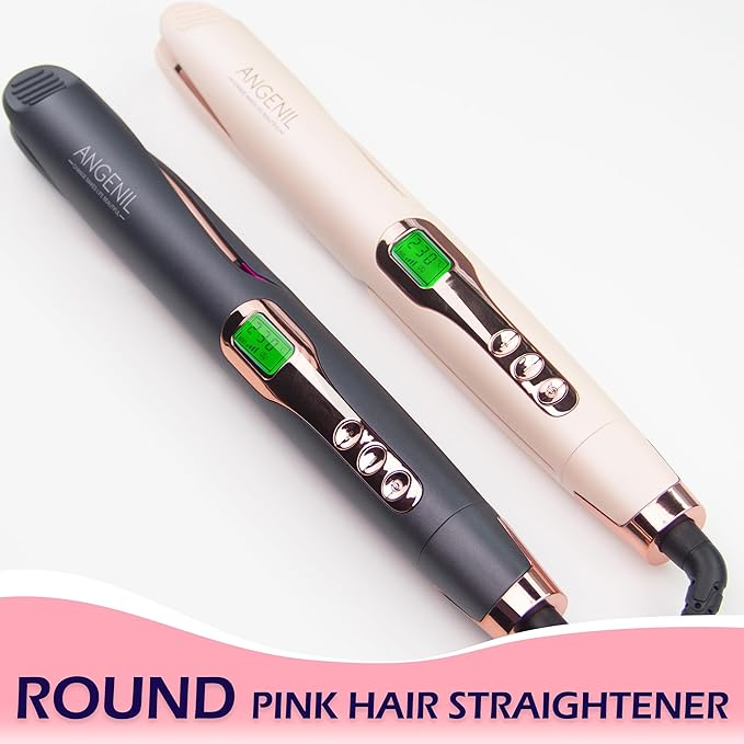 ANGENIL Pro Twist Flat Iron Hair Straightener, 2 in 1 Straightener and Curling Iron for Women, Round Pink Dual Voltage Hair Straightener with Silicone Heat Resistant Mat, 20s Fast Heating, LCD Display