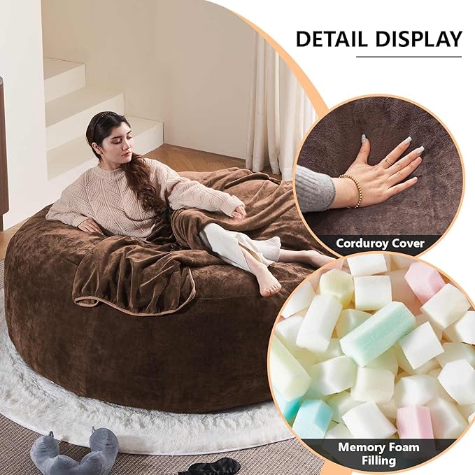 6FT,Oversized Bean Bag Chairs for Adults,Giant beanbag with Filler Included，Fluffy Memory Foam,Soft and Comfy Corduroy Fabric,Gaming Chairs Suitable for Living Room and Bedroom (Coffee Color, 6 Foot)