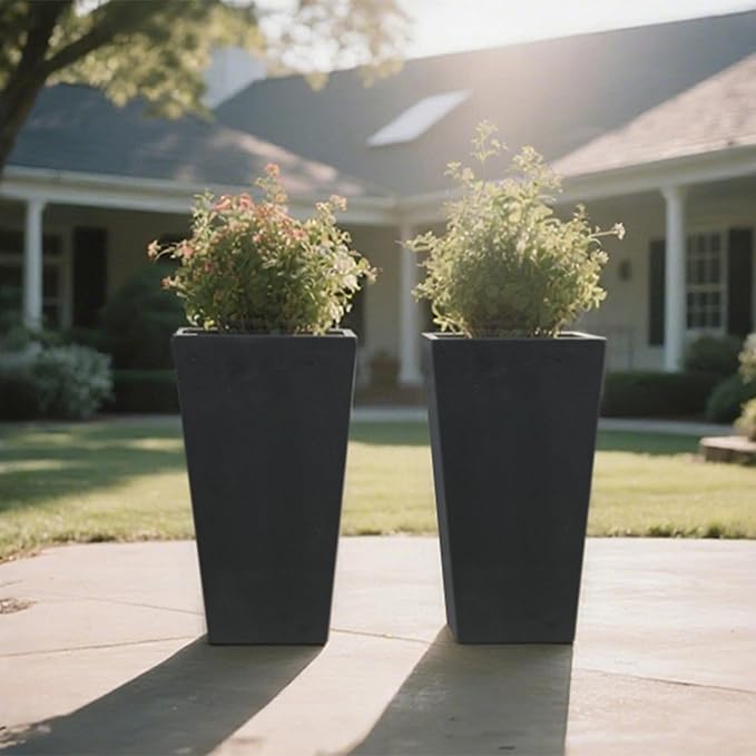 GreenShip 27" Tall Planters, Set of 2 – Black Outdoor Planter for Front Porch & Tall Plants, Weather-Resistant, with Drainage Hole & Rubber Plug (No Plants Included) (Black-2pcs)