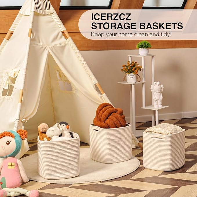 11 Inch Cube Storage Bins, Organizer Bins, Woven Cotton Rope Baskets for Storage, Storage Baskets for Organizing Shelves, White Basket for Toys, Off White (Pack of 3)