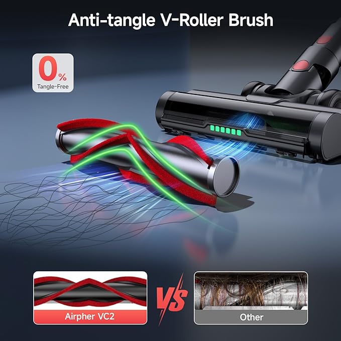 Cordless Vacuum Cleaner, 550W 45KPA Dual Motor Stick Vacuum for Home with 60mins Runtime, 6 LED Green Headlights, Self-Standing Design, V-Shaped Floor Brush for Carpet Tile Pet Hair Hardwood Floors