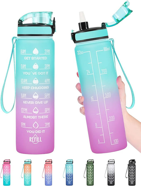 Enerbone Water Bottle, Leakproof BPA & Toxic Free, Motivational Water Bottle with Times to Drink and Straw, Fitness Sports Water Bottle with Strap for Office, Gym, Outdoor Sports