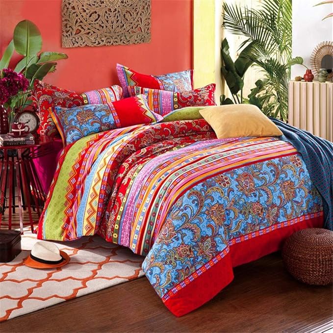 ABREEZE Bohemian Duvet Cover Set Boho Bedding Colorful Red Boho Retro Bedding Set Damask Paisley Cotton Duvet Cover Tribal Reversible Bedding Exotic Style Comforter Cover 3-Piece Cal.King