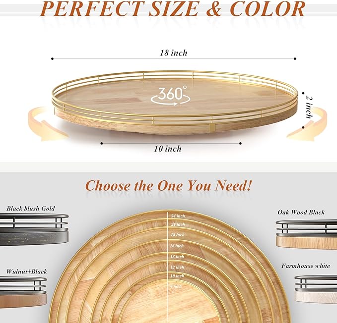 18 Inch Rustic Lazy Susan Turntable – Solid Oak & Iron Wood Rotating Tray for Dining Table, Kitchen Counter, Coffee Table – Farmhouse Style Large Wooden Lazy Susan Organizer for Home Décor