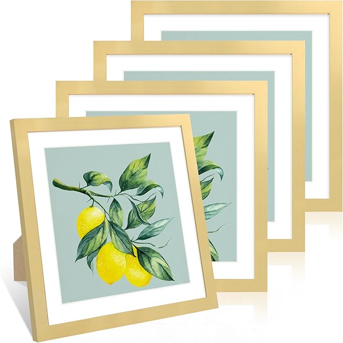 12x12 Picture Frame Set of 4, 12 x 12 Wood Photo Frames with Mat for 10x10 or 30x30cm Diamond Painting Art, Wooden Frame with Real Glass Cover for Wall and Tabletop Display,Gold