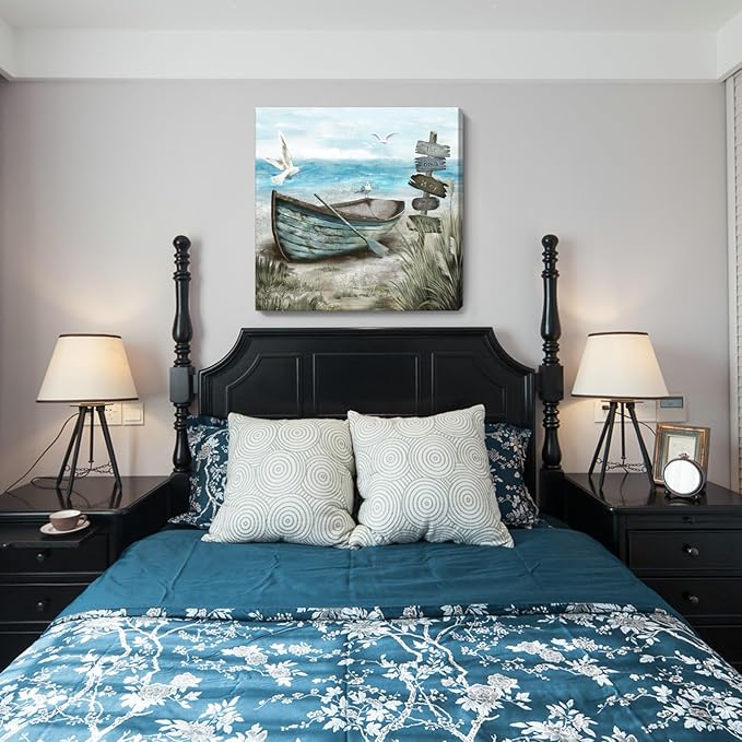 Canvas Wall Art Beach Décor Wall Picture Rustic Coastal Sand Canvas Print Ocean Nautical Painting Seascape Sea Bird Vintage Ship Boat Artwork for Seaside Living Room Bedroom Bathroom Decor Blue Large