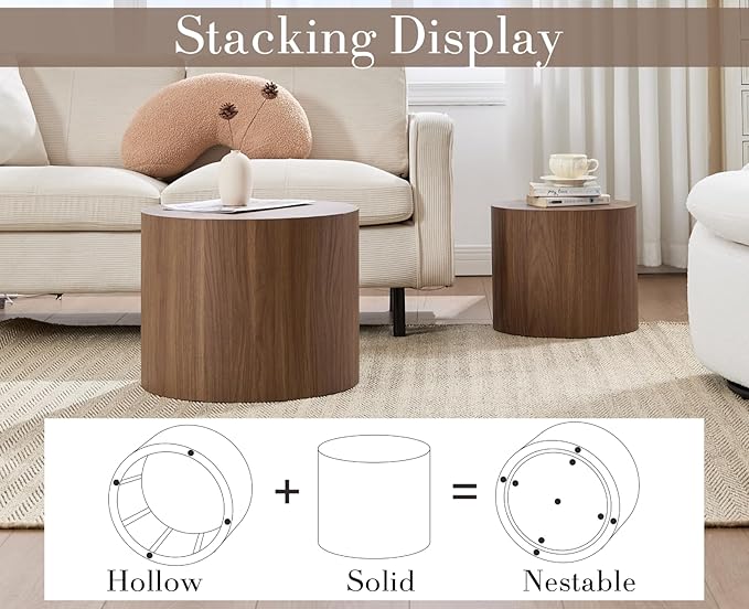 CIMOTA Round Wood Nesting Coffee Table Set of 2, Modern Circle Travertine End Side Table Sets for Living Room, Walnut Wooden Color/No Assembling