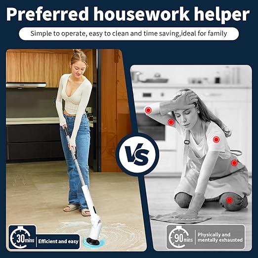 Electric Spin Scrubber - Cordless Cleaning Brush with Digital Display, 2 Speeds, 8 Brush Heads, IPX7 Waterproof, Adjustable Long Handle for Bathroom, Tub, Tile, Shower, and Car