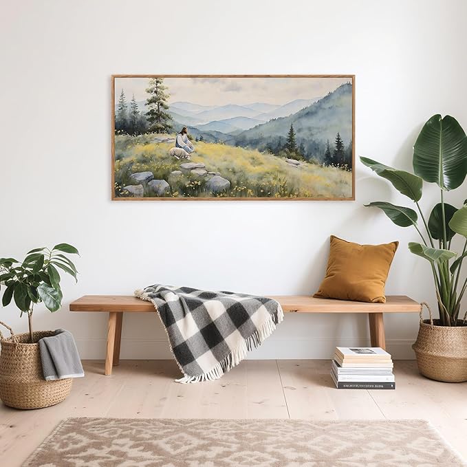 Aurlan Christian Jesus with Lost Sheep Wall Art(40"x20"), Boho Religious Lamb The Good Shepherd Psalm 23 Canvas Artwork, Large Abstcat Watercolor Vintage Nature Landscape Bible Story Decor for Home Dining Room Christ Gift