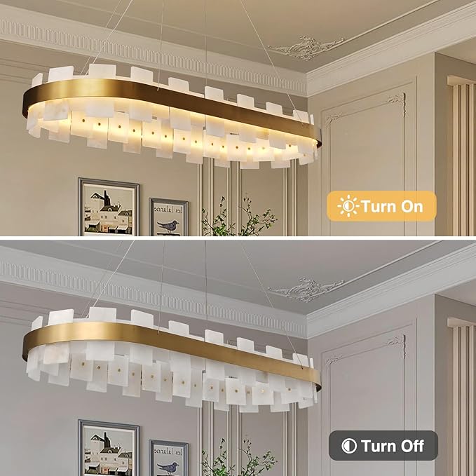 37.4" Natural Spanish Alabaster Rectangle Chandelier, Adjustable Luxury Ceiling Light for Dining Room Over Table, Kitchen Island, Modern Marble Chandeliers for Bedroom, Foyer, Entryway