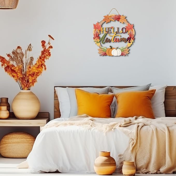 COLOR VALLEY ART Hello Autumn Wreath Sign, Fall Maple Leaf Wall Decor with Pumpkins, Rustic Wooden Thanksgiving Decoration, 11.4L''x11.4W'' (Maple Leaf Wreaths)