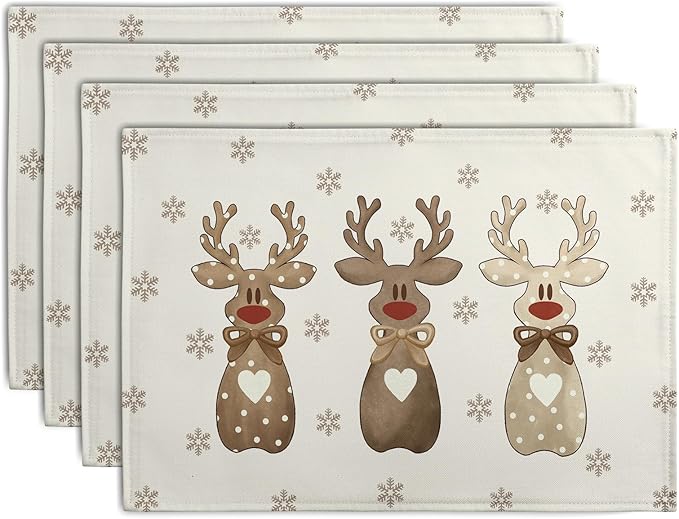 Christmas Reindeer Snowflakes Placemats Set of 4 Xmas Cute Elk Deer Place Mats 12x18 Seasonal Winter Holiday Farmhouse Linen Table Mats for Party Kitchen Dining Outdoor Indoor Decor