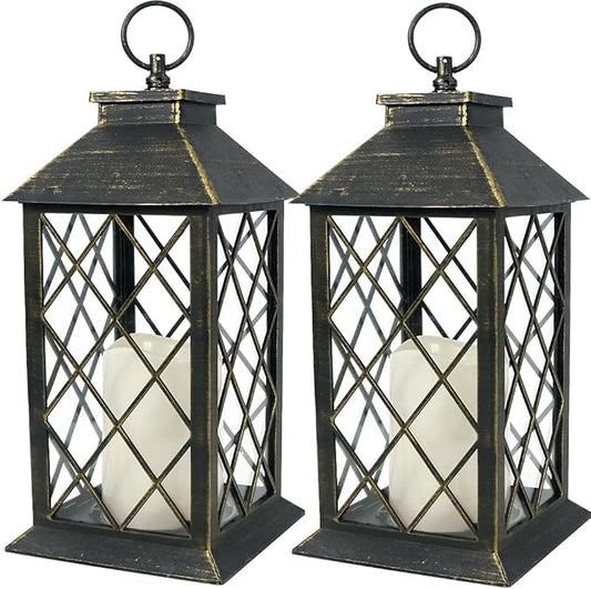 Bright Zeal 2-Pack 13.5" Vintage Candle Lantern with LED Candle (Distressed Gold, 6hr Timer) - IP44 Waterproof Outdoor Hanging Lanterns Battery Powered - Tabletop Lantern Decorative Home Lanterns