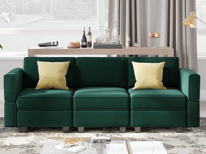 Belffin Modular Sofa Couch with Storage Seats Velvet 3 Seater Sofa for Living Room Green