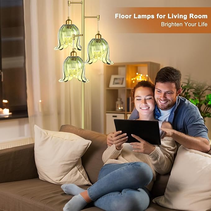 Gold Floor Lamp for Living Room,Bedroom,Tree 3 Light Standing Lamp Mid Century Modern Brass Tall Floor Lamps Vintage Retro Floor Lights Green Glass Flower Lamp Shade Farmhouse Boho Bohemian