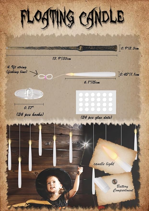 GenSwin 22pcs Flameless Floating Candle with Magic Wand Remote Timer, Battery Operated Hanging Window Candles Flickering, 6.1" LED Electric Candles for Christmas Halloween Decorations(White)